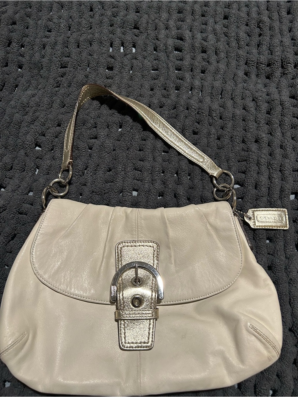 Coach Soho Cream Leather Shoulder Bag with Metallic Gold Accents